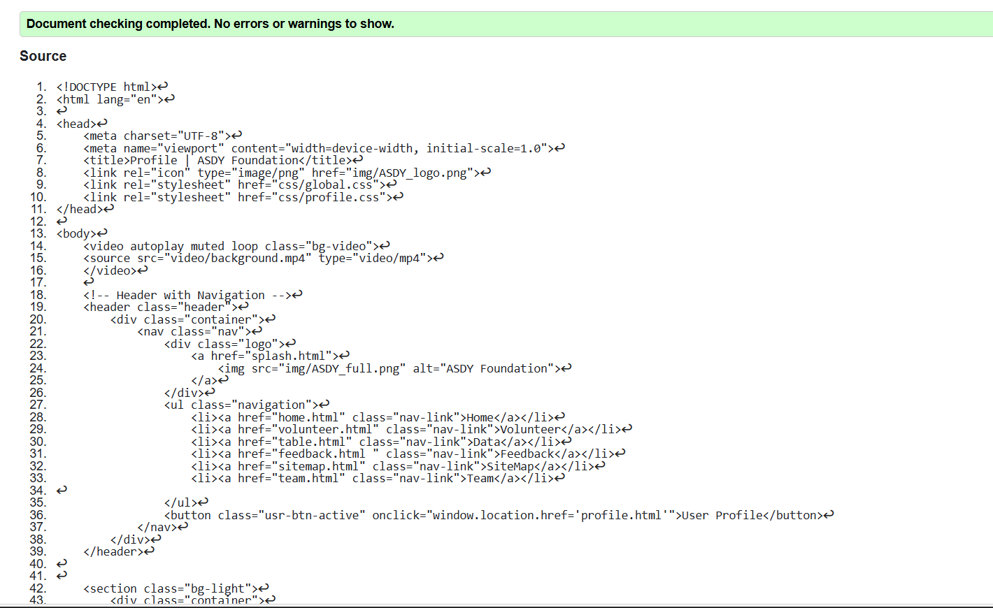 Profile page validation report